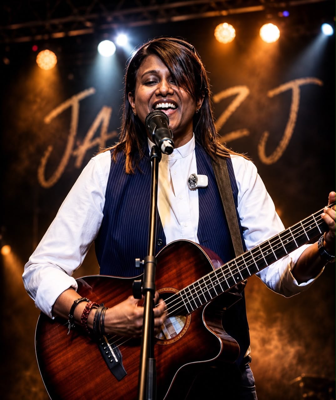 Jazz James singing into a microphone while playing guitar on stage.